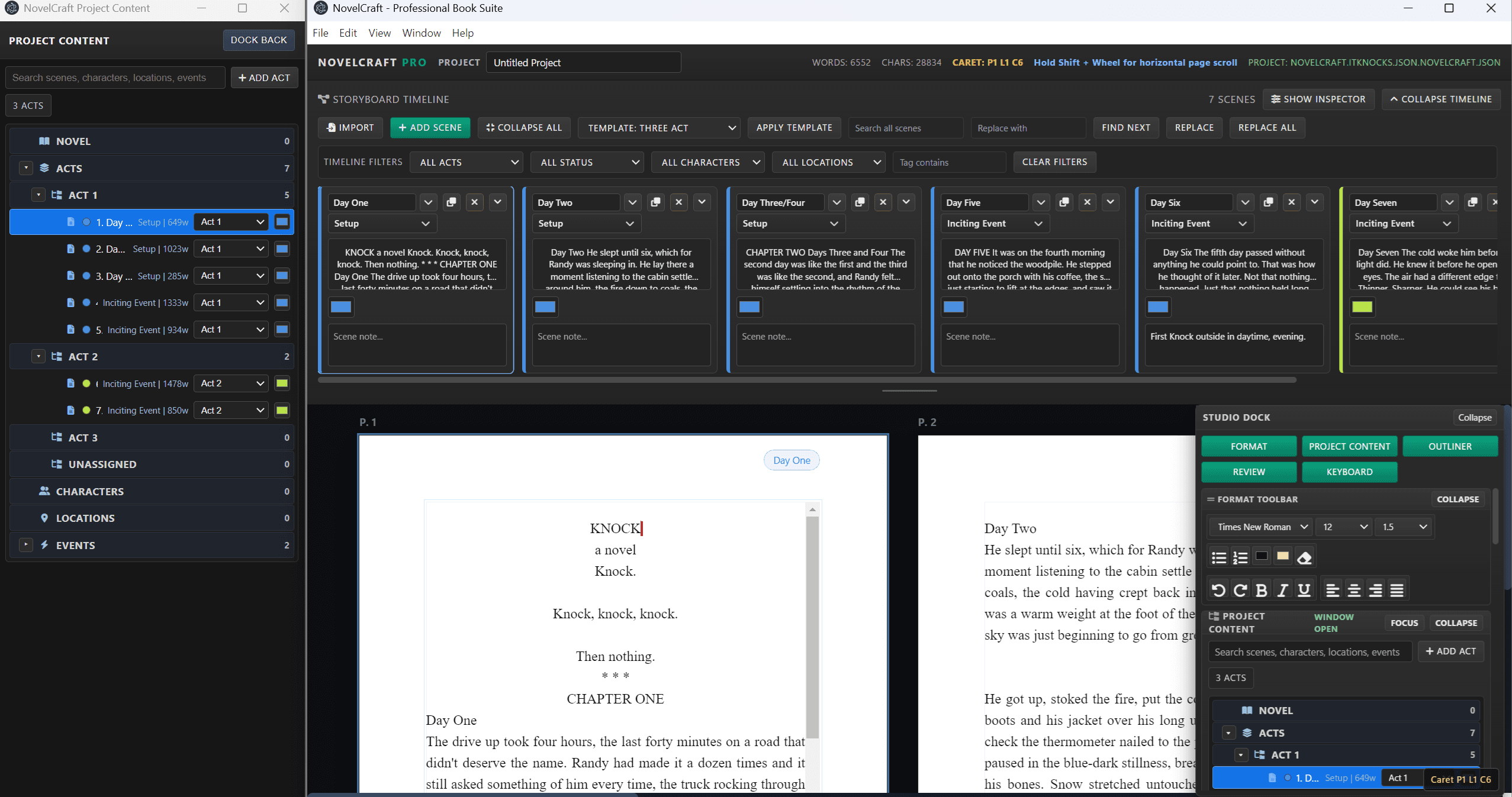 NovelCraft Pro full workspace with project content and storyboard timeline